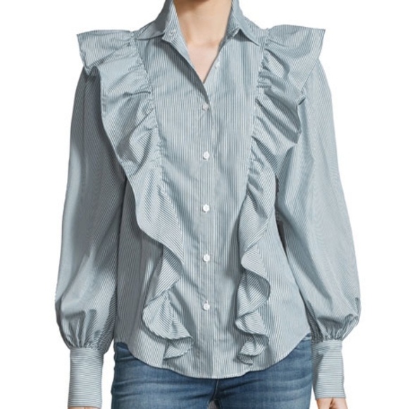 NWT Petersyn "Lowry" Striped Poplin Ruffle Trim Top - Picture 1 of 14